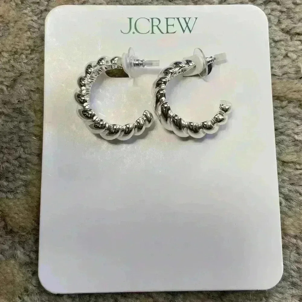 New J Crew Spiral Hoop Silver Earrings  With Gift Bag